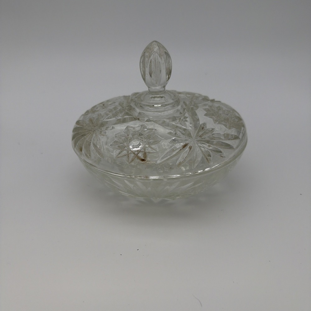Anchor Hocking Prescut Clear Glass Star Of David Candy Dish W/Lid 1960's 7 inch